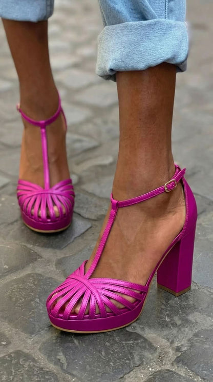 Purple Round Toe T-Strap Platform Chunky Block Heel Sandals
