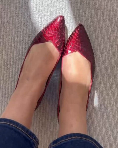 Snake Embossed Pointed Toe Versatile Ballet Flats [Pre Order]