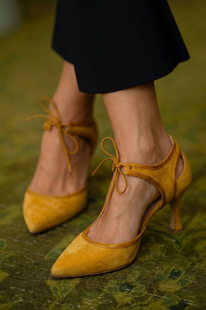 Tacones Bajos de Aguja con Moño Bicolor de Gamuza Sintética Rosa con Punta