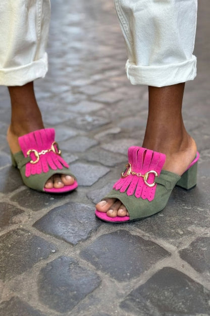 Chic Green Fuchsia Suede Horsebit Fringe Block Heel Mules [Pre Order]