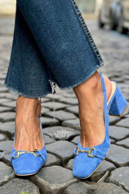 Olive Suede Slingback Bit Detail Block Heels