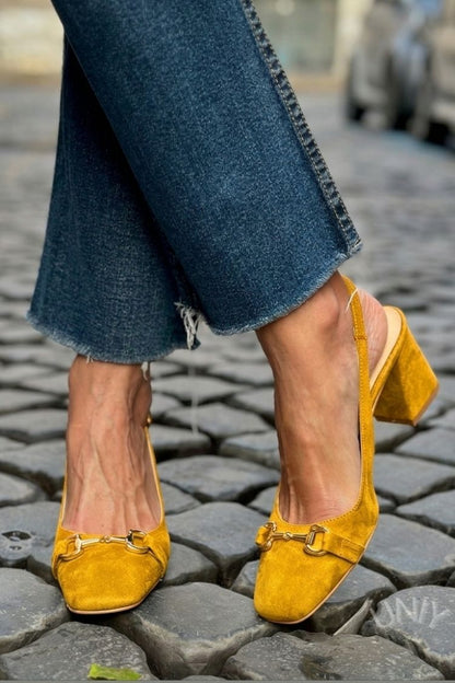 Olive Suede Slingback Bit Detail Block Heels