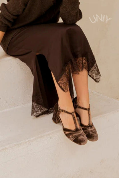 Hollow Out T-Strap Buckle Velvet Chunky Heels