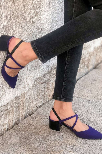 Suede Cross Strap Violet Block Heel Dress Pumps [Pre Order]