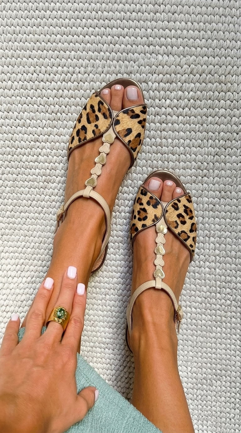 Leopard Print Haircalf Gold Heart T-Strap Peep Toe Sandals [Pre Order]