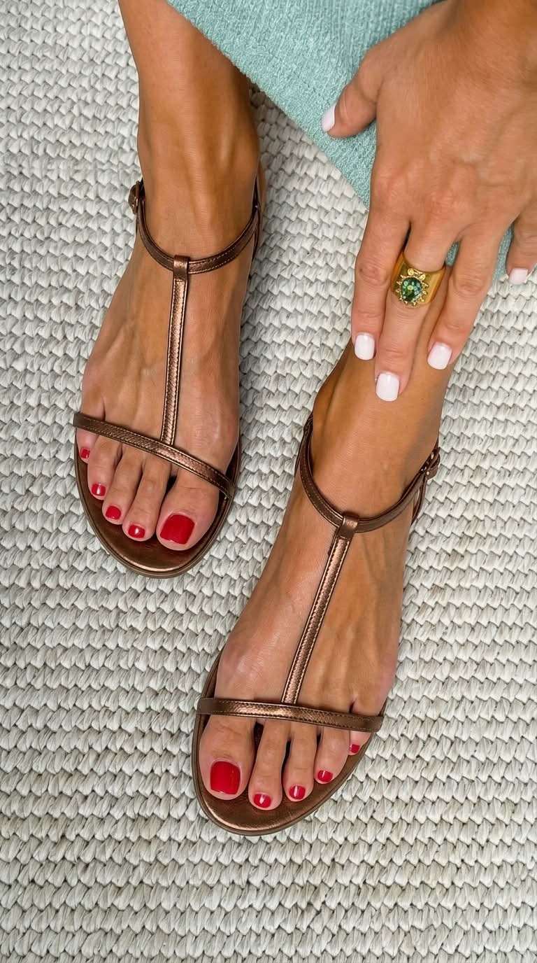 Minimalist Metallic T-Strap Flat Summer Sandals