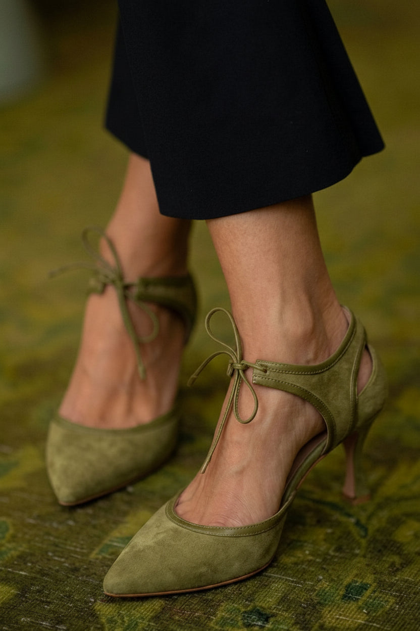Tacones Bajos de Aguja con Moño Bicolor de Gamuza Sintética Rosa con Punta