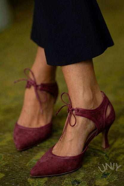 Pink Faux Suede Two-Tone Pointed Toe Bow Tie Kitten Heels