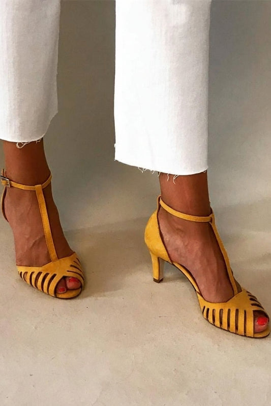 Vintage Yellow Faux Suede T-Strap Cutout Peep Toe Sandals [Pre Order]