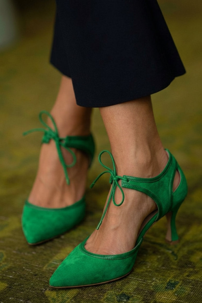 Tacones Bajos de Aguja con Moño Bicolor de Gamuza Sintética Rosa con Punta