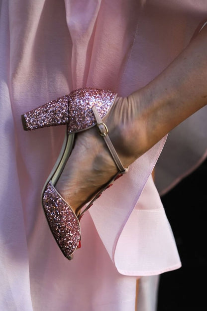 Pink Glitter T-Strap Red Heart Block Heel Sandals