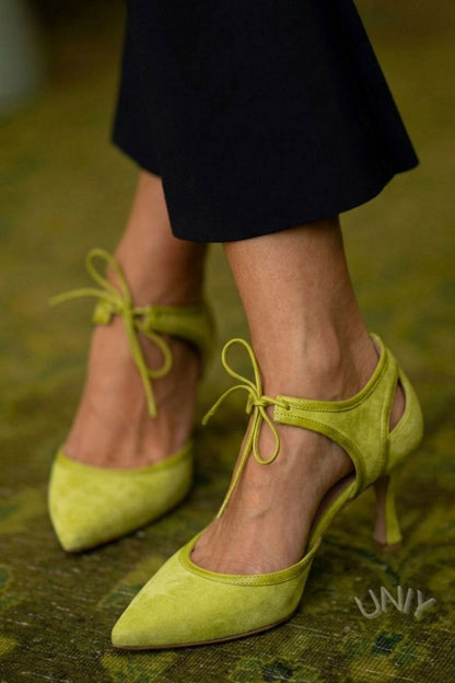 Pink Faux Suede Two-Tone Pointed Toe Bow Tie Kitten Heels