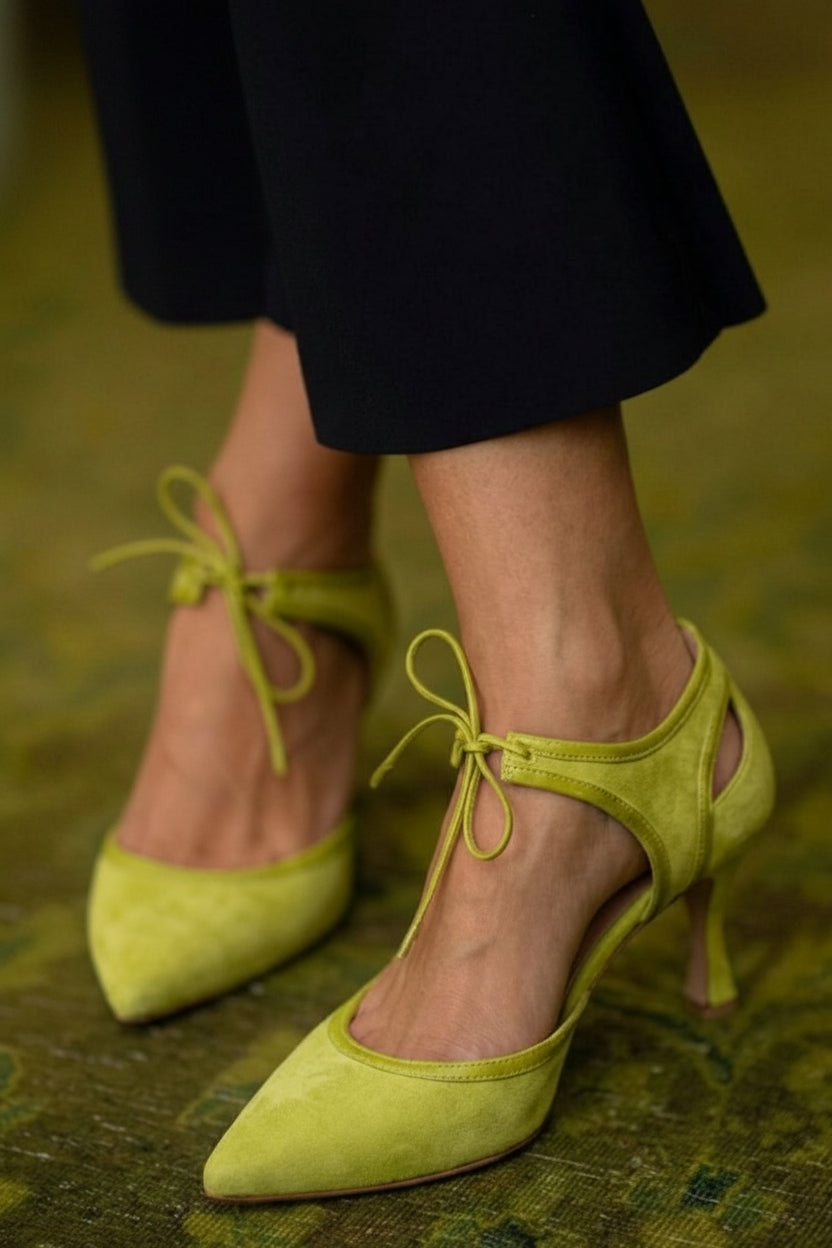 Tacones Bajos de Aguja con Moño Bicolor de Gamuza Sintética Rosa con Punta