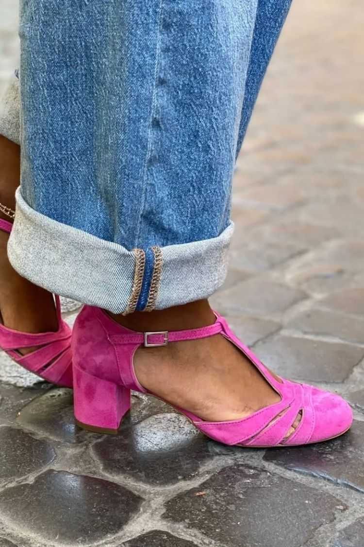 Suede Cutout T-Strap Round Toe Block Heel Sandals [Pre Order]