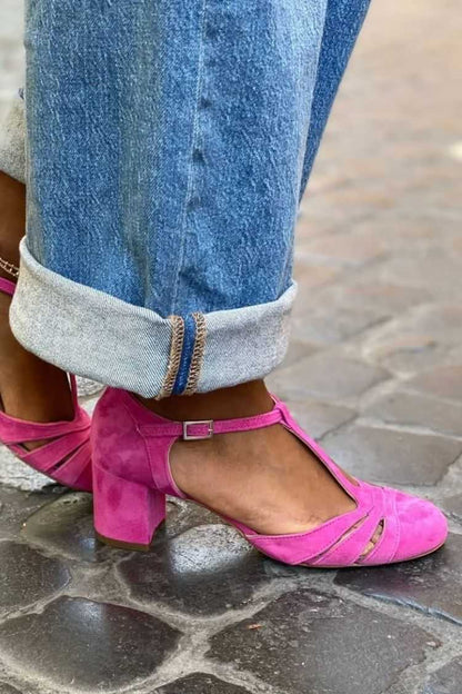 Suede Cutout T-Strap Round Toe Block Heel Sandals [Pre Order]