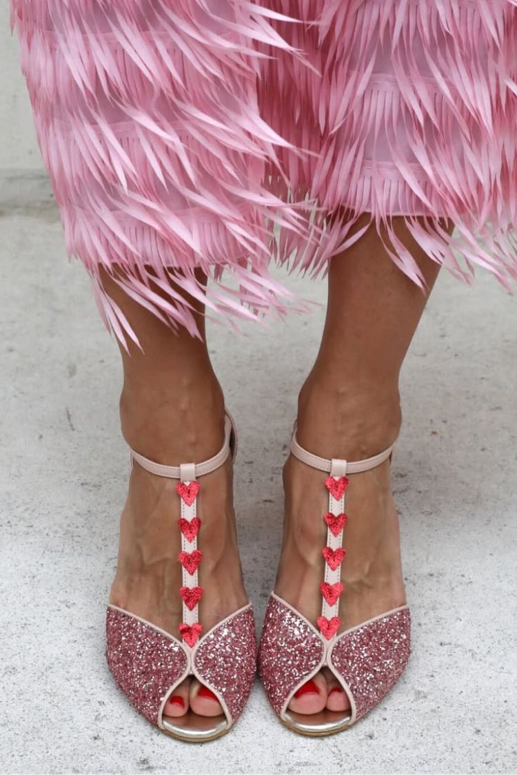 Pink Glitter T-Strap Red Heart Block Heel Sandals