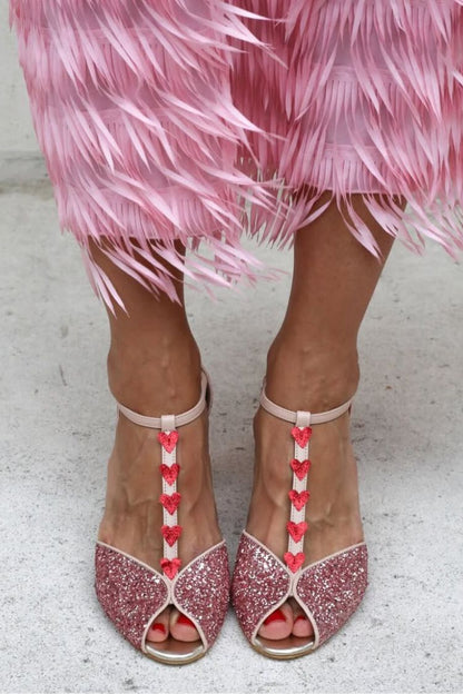 Pink Glitter T-Strap Red Heart Block Heel Sandals