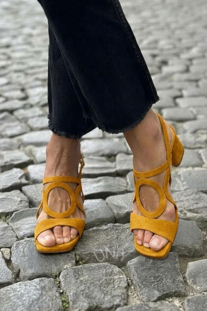 Square Toe Round Cut Out Slingback Strap Yellow Sandals Heels