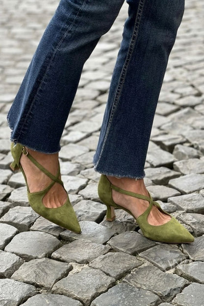 Cross Strap Buckle Solid Color Pointed Toe Khaki Low Heels