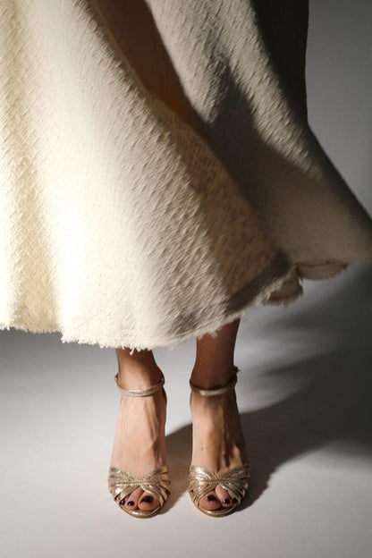 Metallic Sheen Ankle Strap Buckle Peep Toe Gold Chunky Heels