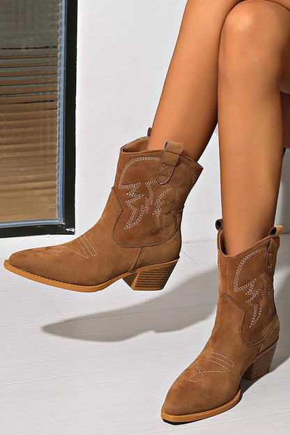 Gorgeous Pointed Toe Chunky Heel Patchwork Stitch Detail Ankle Boots