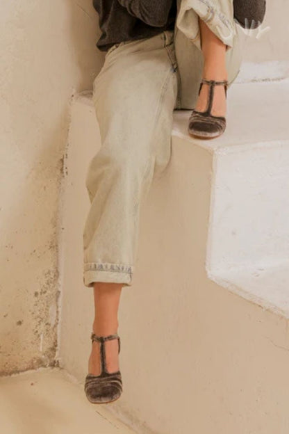 Hollow Out T-Strap Buckle Velvet Chunky Heels