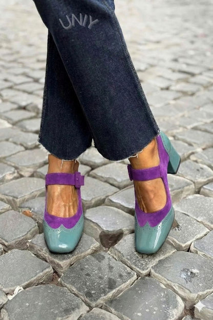 Patchwork Square Toe Instep Strap Buckle Low Heels