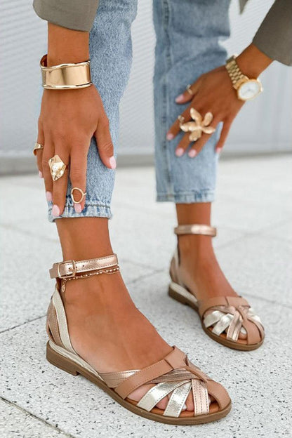 Ankle Strap Buckle Colorblock Hollow Out Champagne Sandals