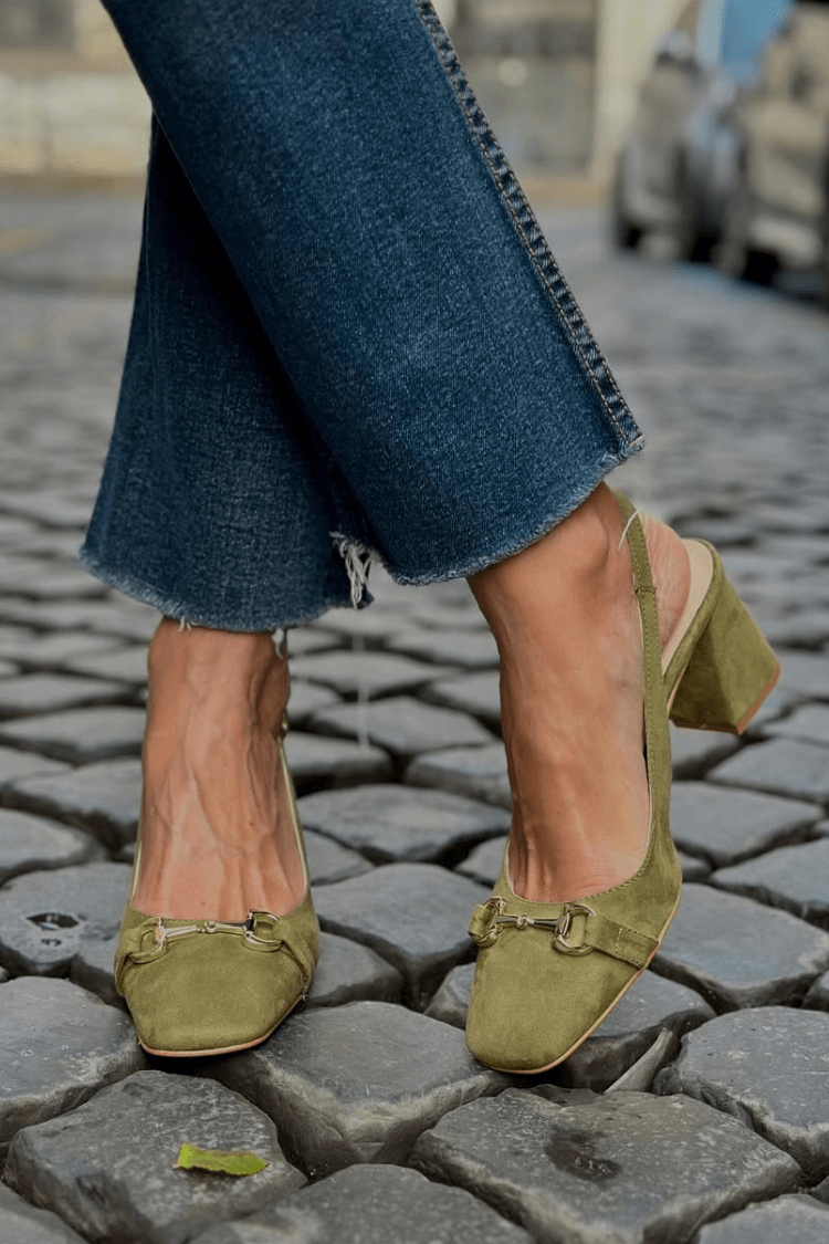 Olive Suede Slingback Bit Detail Block Heels