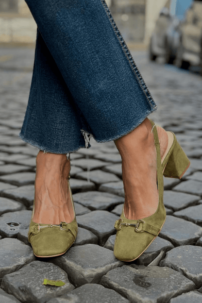 Olive Suede Slingback Bit Detail Block Heels