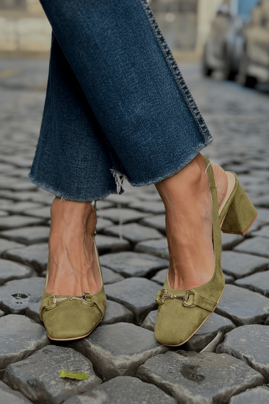 Olive Suede Slingback Bit Detail Block Heels