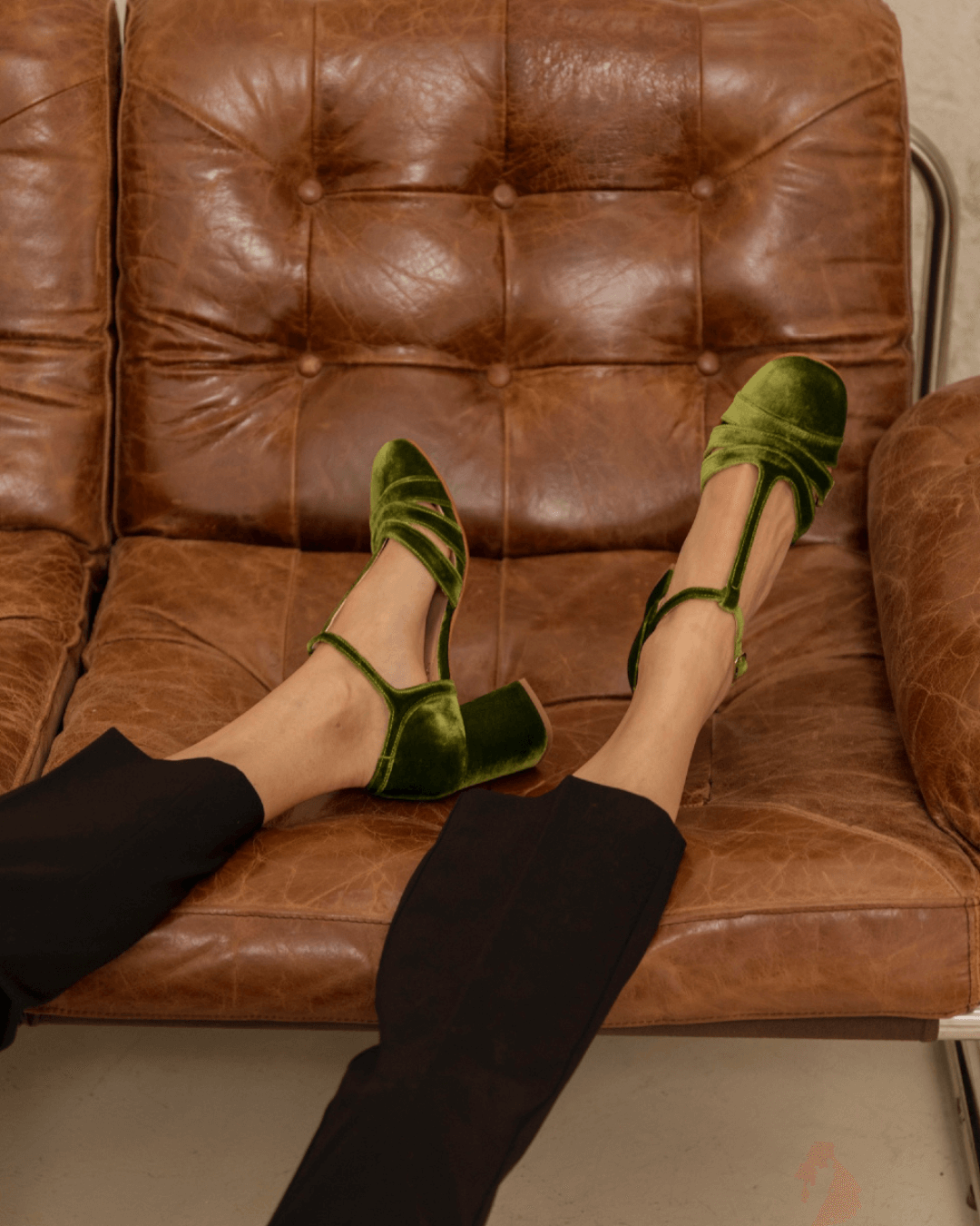 Hollow Out T-Strap Buckle Velvet Chunky Heels