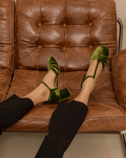 Hollow Out T-Strap Buckle Velvet Chunky Heels
