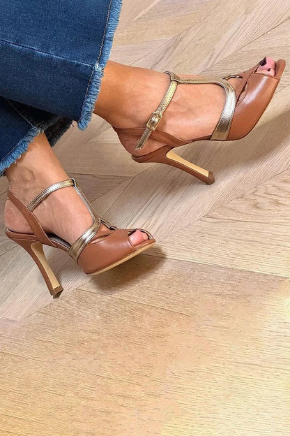 Cut Out Peep Toe Colorblock Brown Stiletto Heels