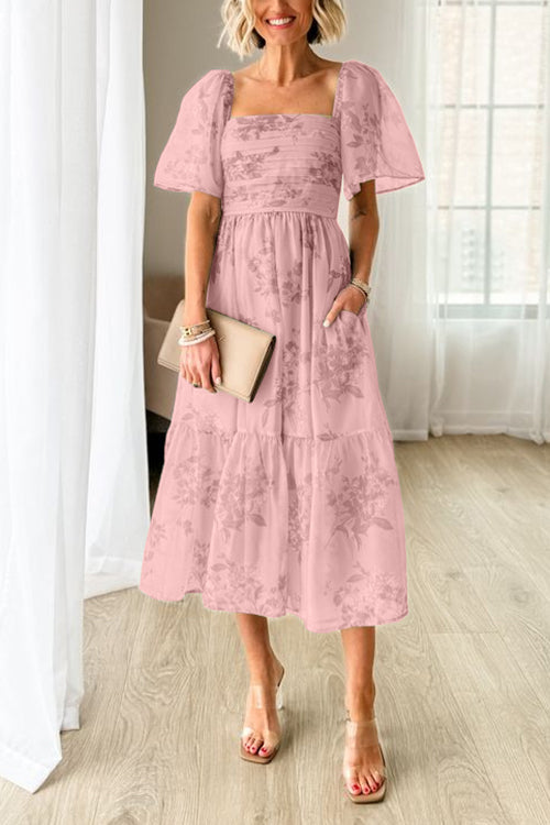Quadratischer Ausschnitt Kurzarm Rüschiges Blumen-Midikleid