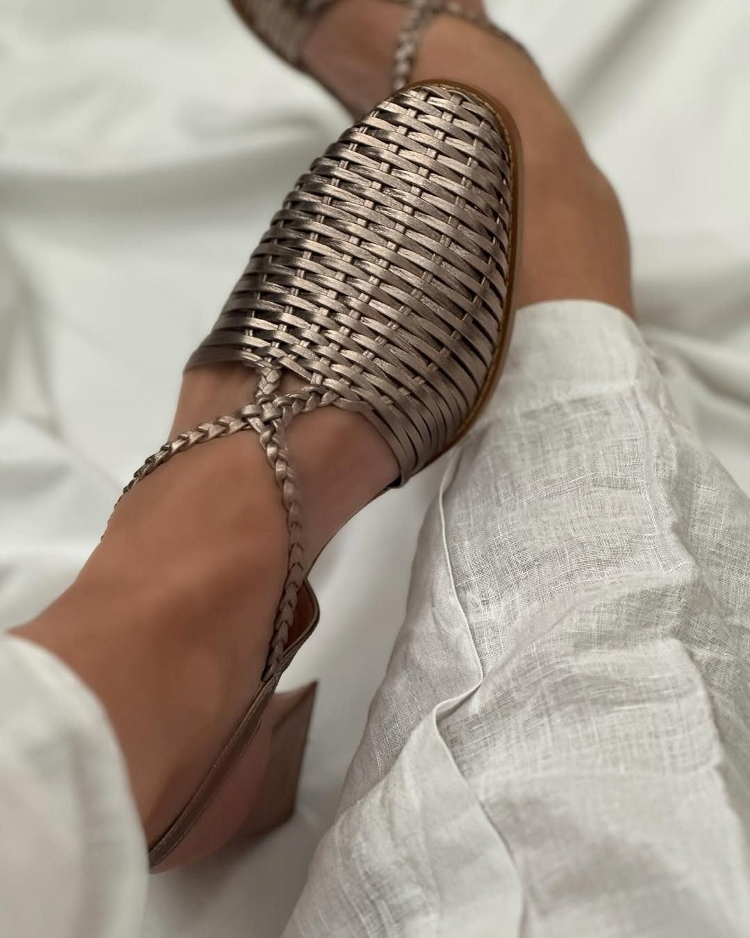 Champagne Metallic Woven Strappy Pointed Toe Block Heels [Pre Order]