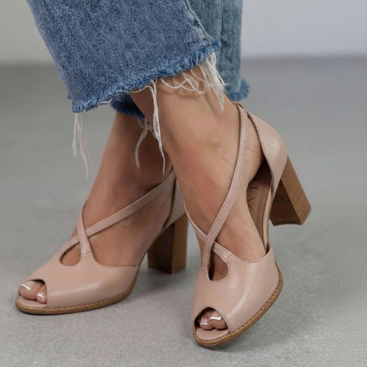 Blush Pink Cross Strap Open Toe Elegant Block Heel Sandals