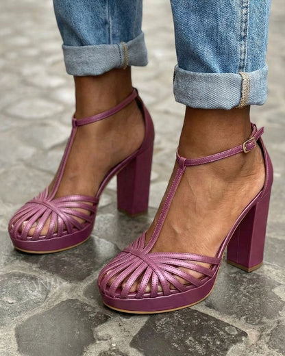 Purple Round Toe T-Strap Platform Chunky Block Heel Sandals