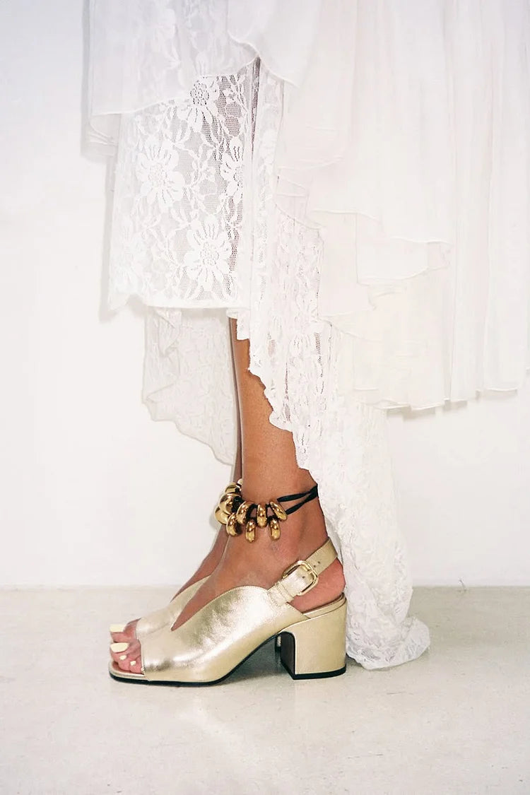 Metallic Sheen V Groove Peep Toe Slingback Gold Chunky Heels