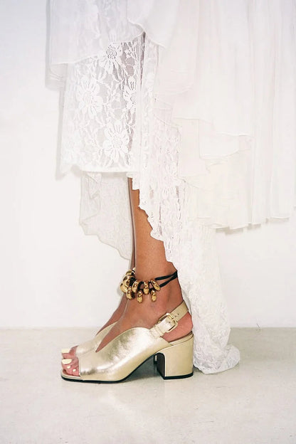 Metallic Sheen V Groove Peep Toe Slingback Gold Chunky Heels