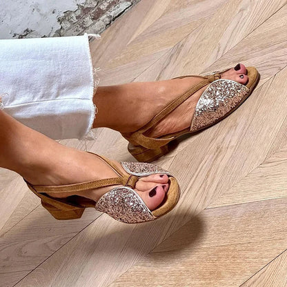 Peep Brown Patchwork Glitter Low Block Heels Toe Sandals