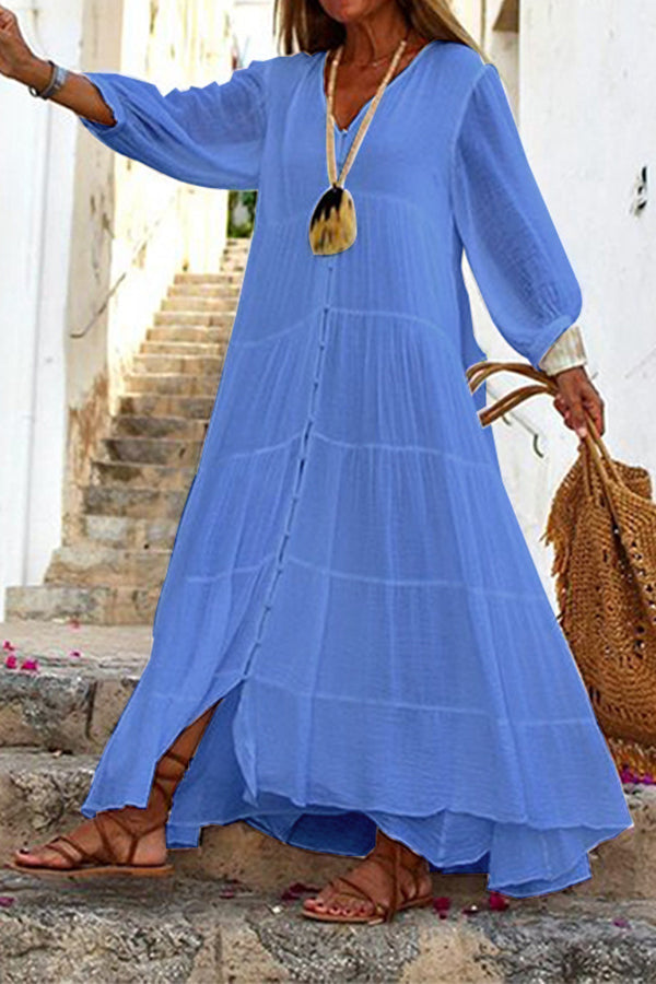 Seraphina Maxikleid aus Baumwoll-Leinen-Mischung mit Knopfleiste und Stufen-Design