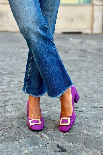 Patchwork Metal Decor Square Toe Navy Chunky Heels