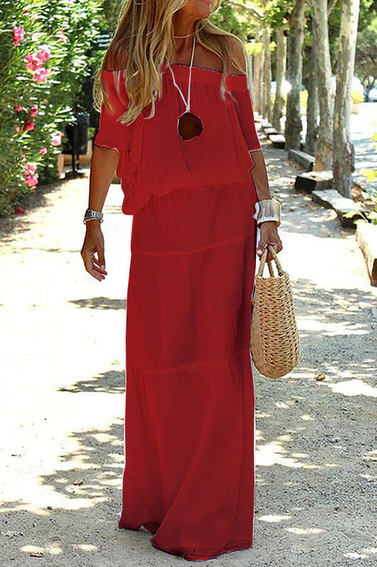 Casual maxi-jurk met blote schouders in effen strandstijl