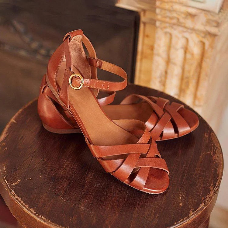 Solid Color Ankle Strap Buckle Hollow Out Peep Toe Sandals
