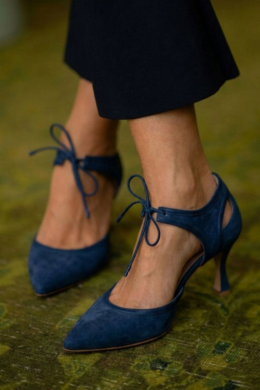 Tacones Bajos de Aguja con Moño Bicolor de Gamuza Sintética Rosa con Punta