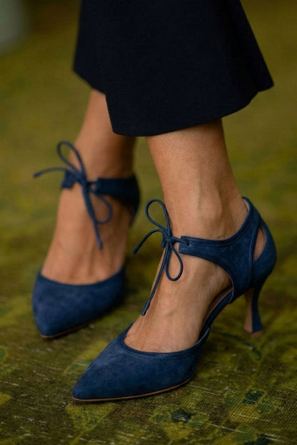 Tacones Bajos de Aguja con Moño Bicolor de Gamuza Sintética Rosa con Punta