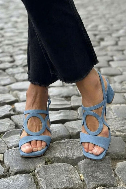 Square Toe Round Cut Out Slingback Strap Yellow Sandals Heels