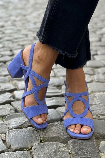 Square Toe Round Cut Out Slingback Strap Yellow Sandals Heels