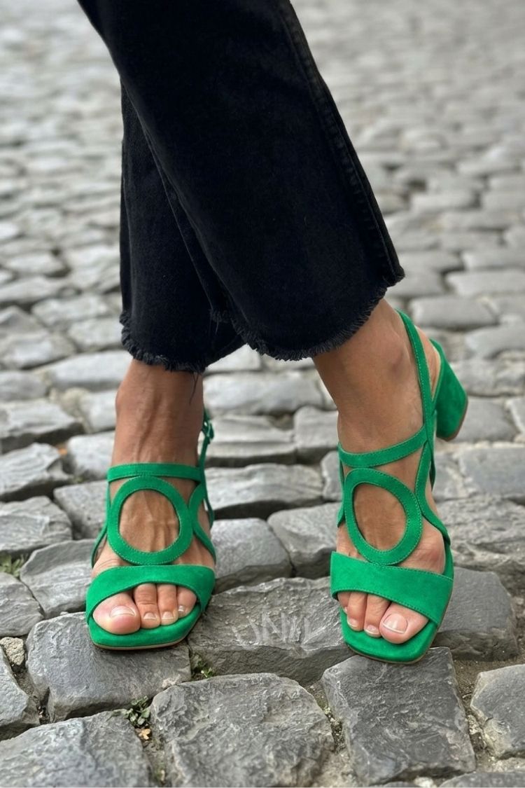 Square Toe Round Cut Out Slingback Strap Yellow Sandals Heels